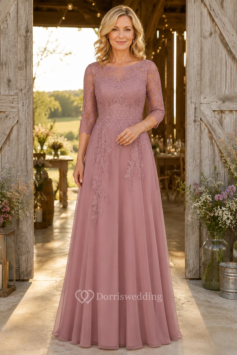 Mutterkleid aus altrosafarbenem Chiffon mit U-Boot-Ausschnitt und langen Ärmeln