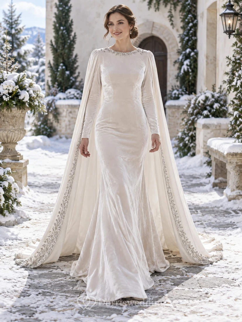 Vestido de novia de invierno estilo sirena con manga larga, cuello joya, borde de cristal y capa de terciopelo.