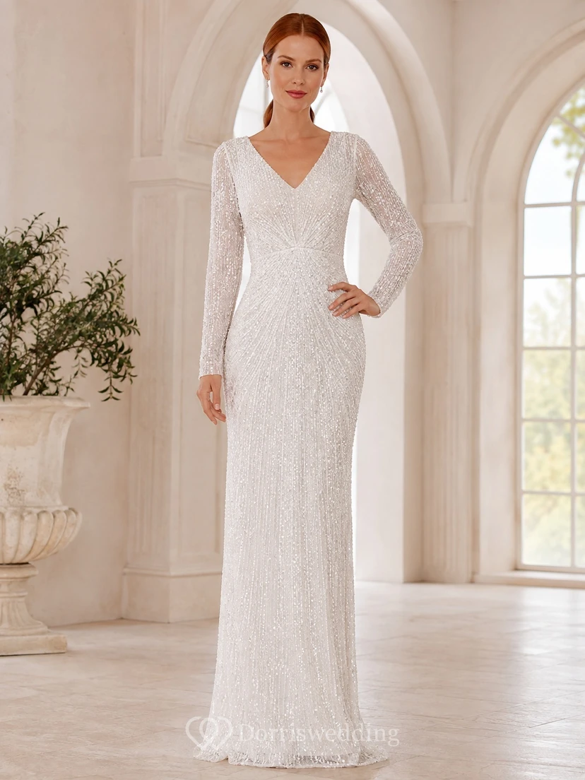 Weißes Pailletten-Tüll-Abendkleid mit langen Ärmeln, V-Ausschnitt, Meerjungfrauenschnitt und Schleppe