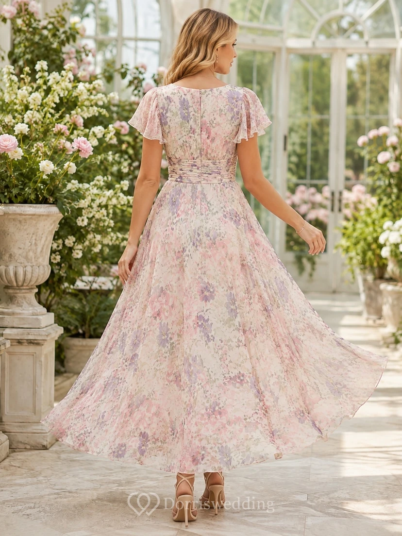 Blush Pastel Floral Print V-Neck A-Line Tea-Length Chiffon Romantic Guest Dress view 2