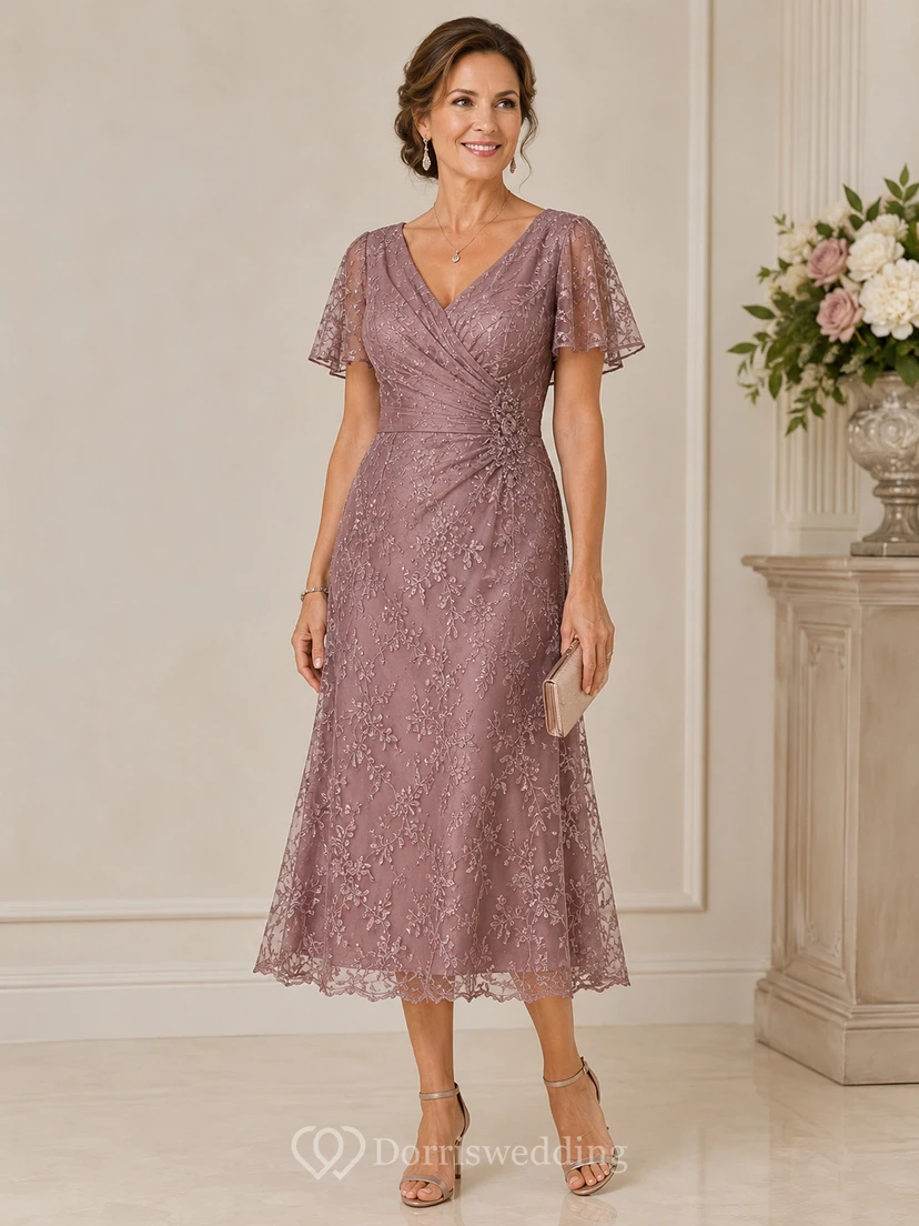 Vintage Mauve Lace Tea Length Mother Dress Vintage Mauve V-neck Sheath Tea-length