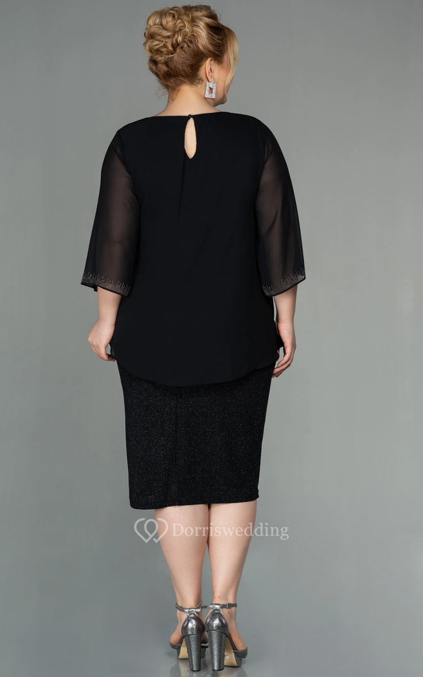 Bateau-neck Long Sleeve Pencil Knee-length Sequin Plus Size Mother of Bride Dress view 10