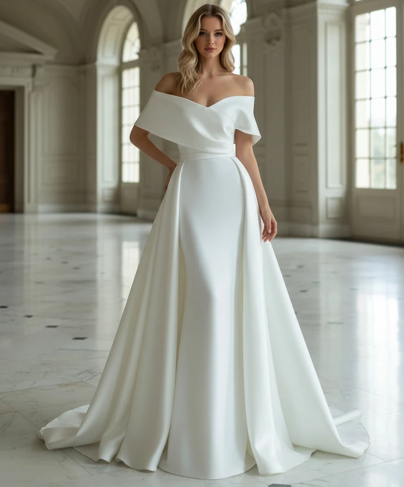 Robe de mariée simple en satin, coupe trapèze, épaules dénudées