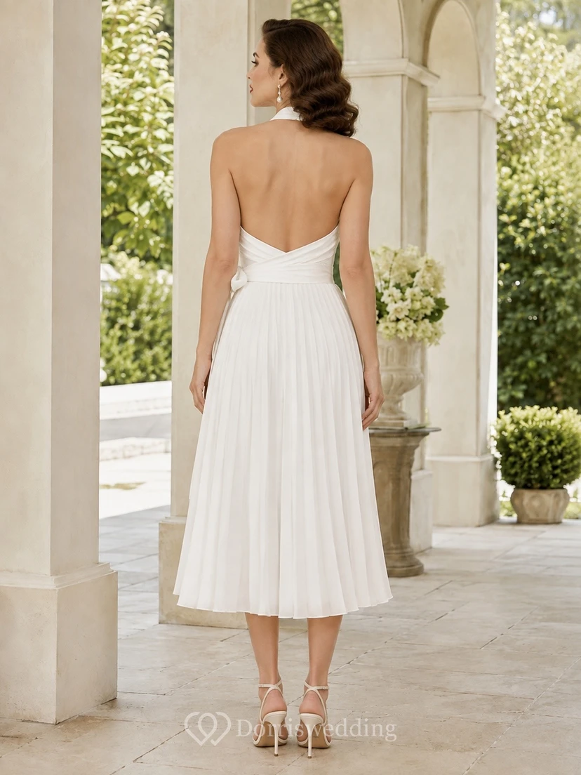 White Vintage Halter Draped Chiffon A-Line Tea-Length Elegant Formal Dress view 2