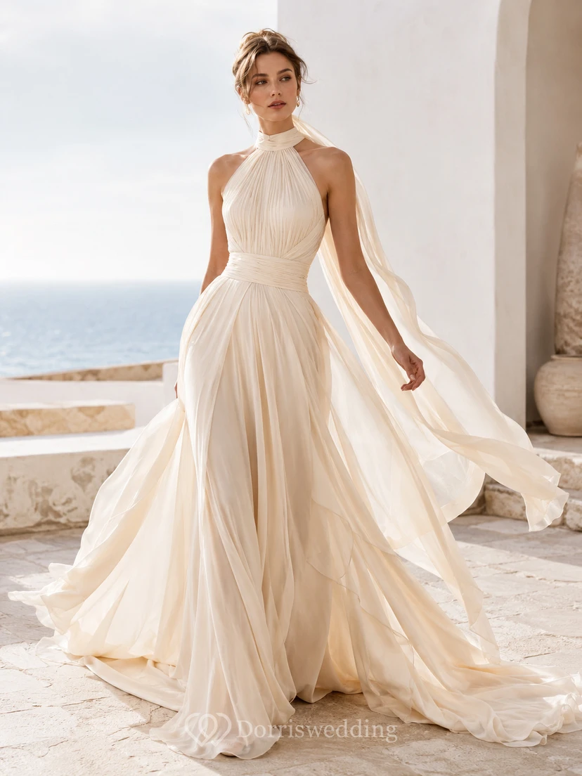 Robe de mariée moderne en mousseline de soie, coupe trapèze, dos nu et traîne courte, avec cape et dos nu