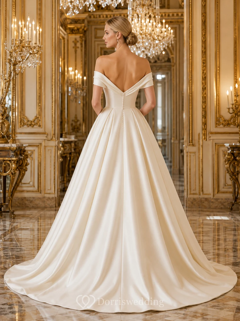 Off Shoulder Satin Pleated Ball Gown Wedding Dress view 2