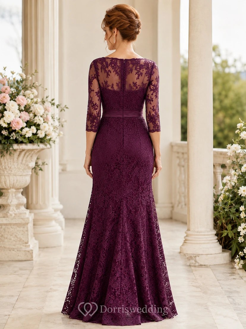 Plum Mother Lace Three Quarter Sleeve Floor Length Mermaid Formal Dress view 2