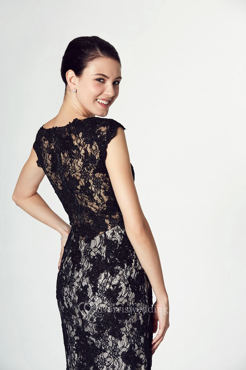 Sheath Cap-Sleeve Appliqued Maxi Scoop Lace Prom Dress With Illusion Back And Sweep Train view 3