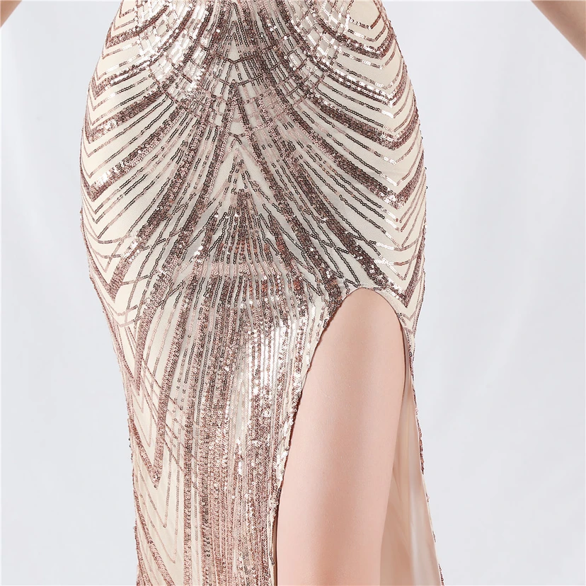 Positioning Flower Beaded Craft Beaded One-Shoulder Oblique Collar High Slit Evening Dress view 60