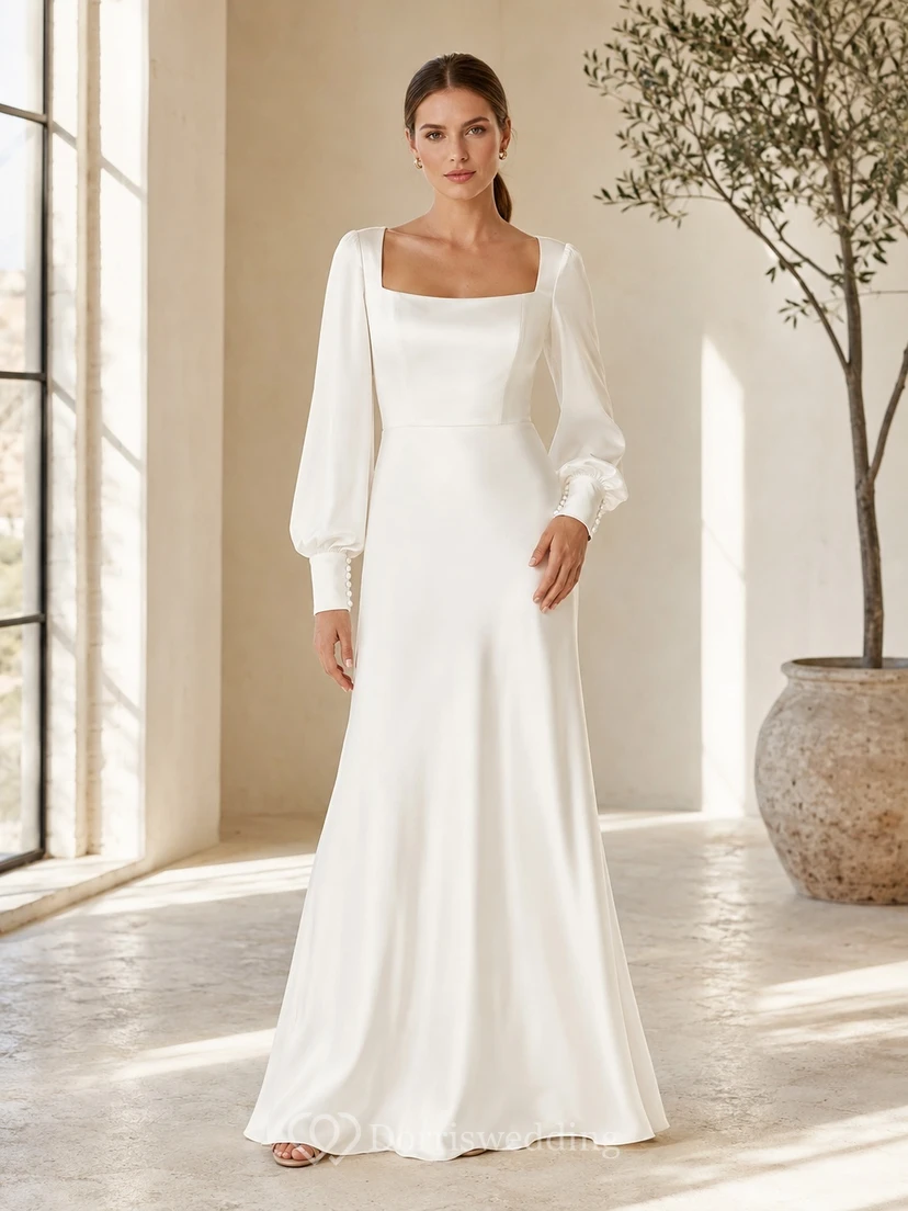 Simple Square Neck Long Puff Sleeve Satin A-Line Floor-Length Civil Wedding Dress