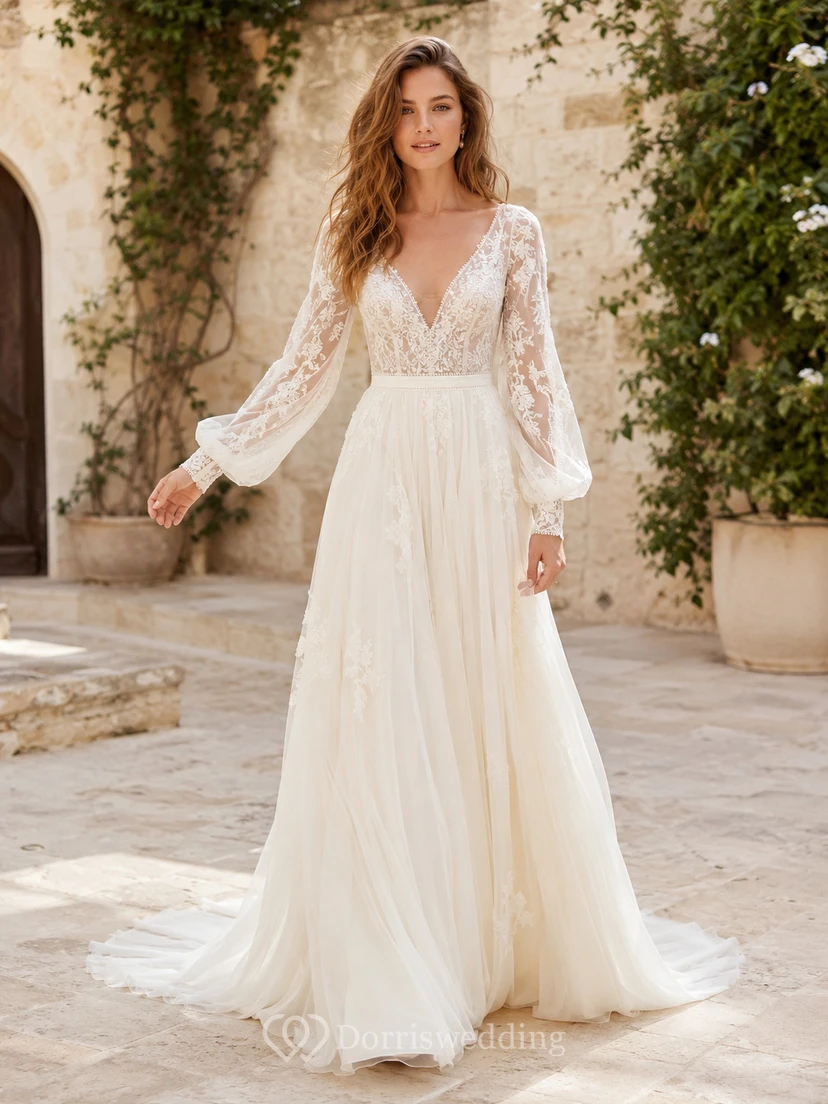 Elegantes Chiffon-Spitzenkleid mit tiefem V-Ausschnitt, Bischofsärmeln, A-Linien-Form, Schleppe und Oberteil – ideal für eine Hochzeit im Wintergartenstil