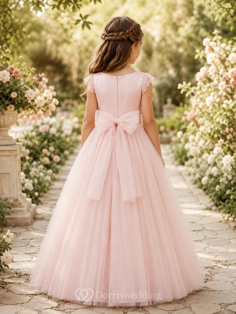Rosa A-Linien-Kleid aus Tüllspitze für Blumenmädchen mit kurzen Ärmeln, Rundhalsausschnitt, wadenlangem Rock und Schleifendetail. view 2