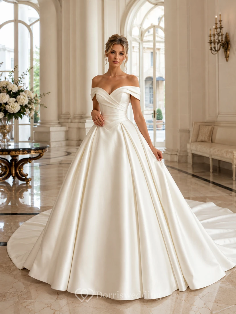 Robe de mariée en satin, robe de bal, épaules dénudées, manches courtes, traîne chapelle