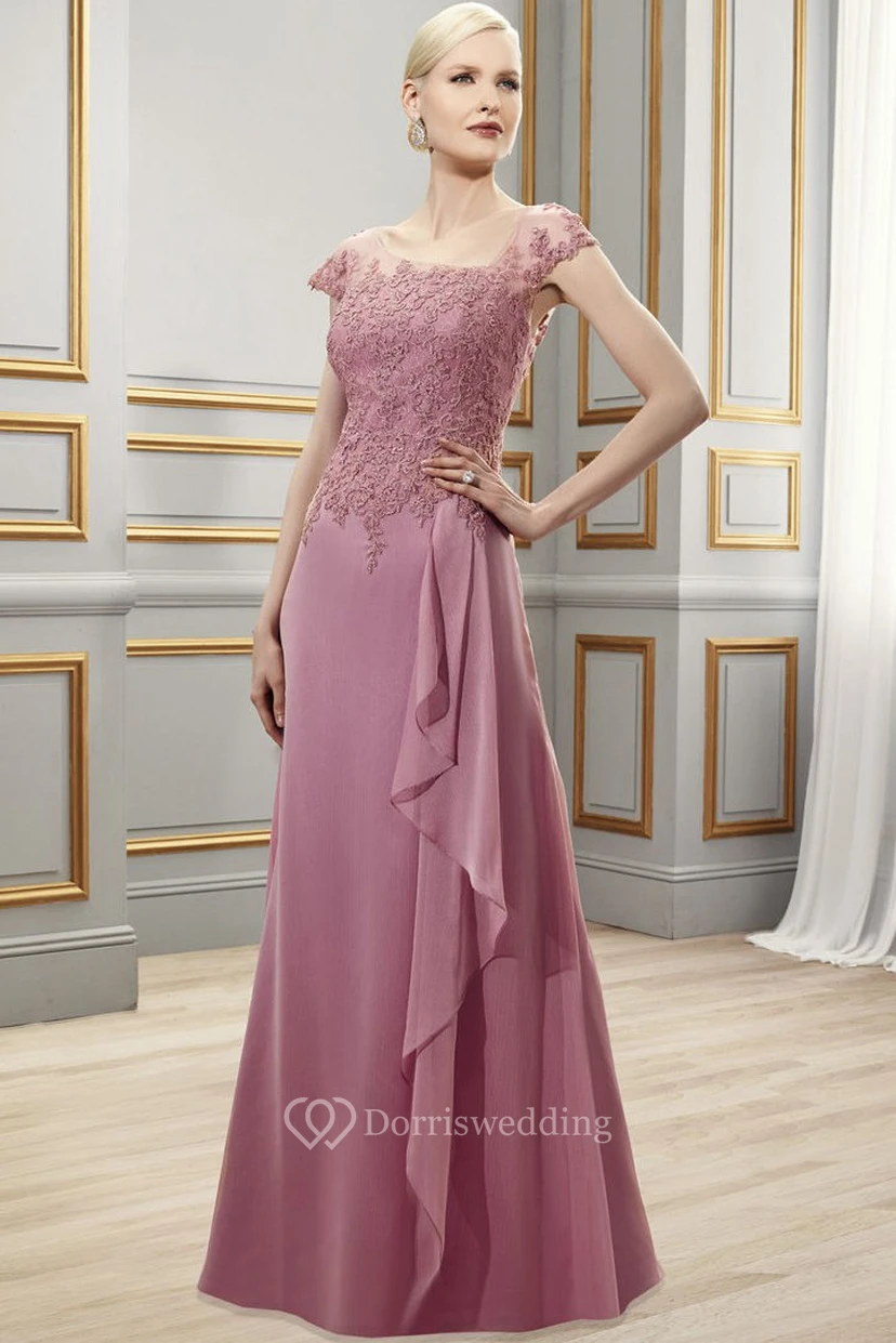 Abendkleid aus Satin-Chiffon mit kurzen Ärmeln, bodenlangem, drapiertem eckigem Ausschnitt und Applikationen