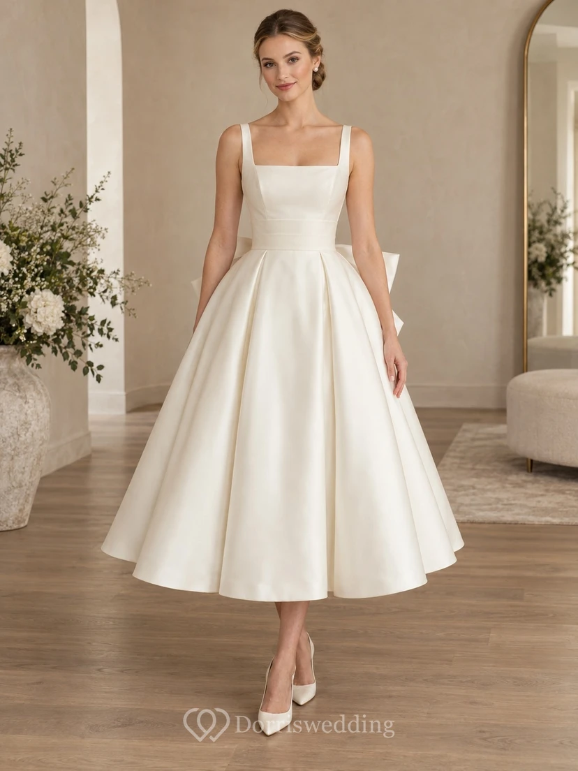 Robe de mariée trapèze en satin, longueur thé, col carré, dos nu avec nœud, coupe trapèze
