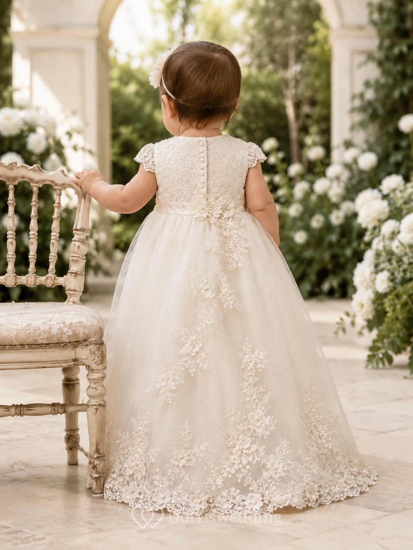 Floral Applique Christening Gown A-Line Tulle Lace Sleeveless Floor-Length view 2