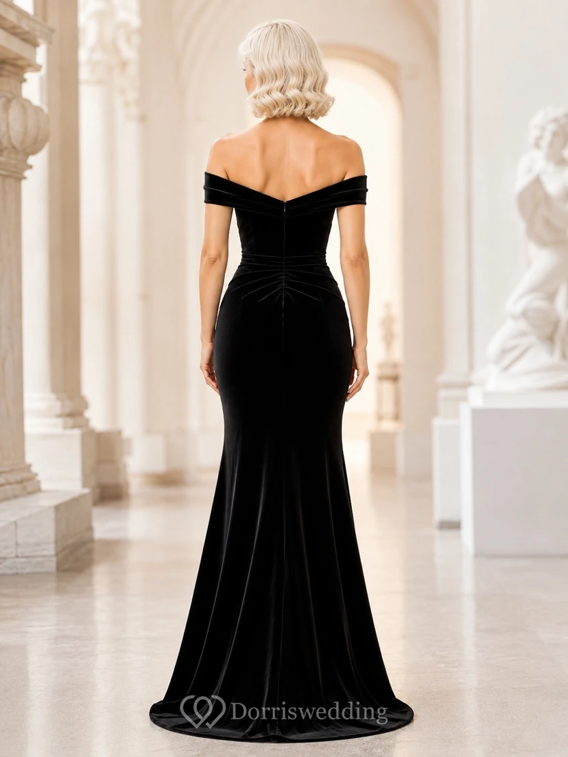 Black Velvet Off-the-shoulder Ruching Mermaid Floor-length Formal Evening Gown view 2