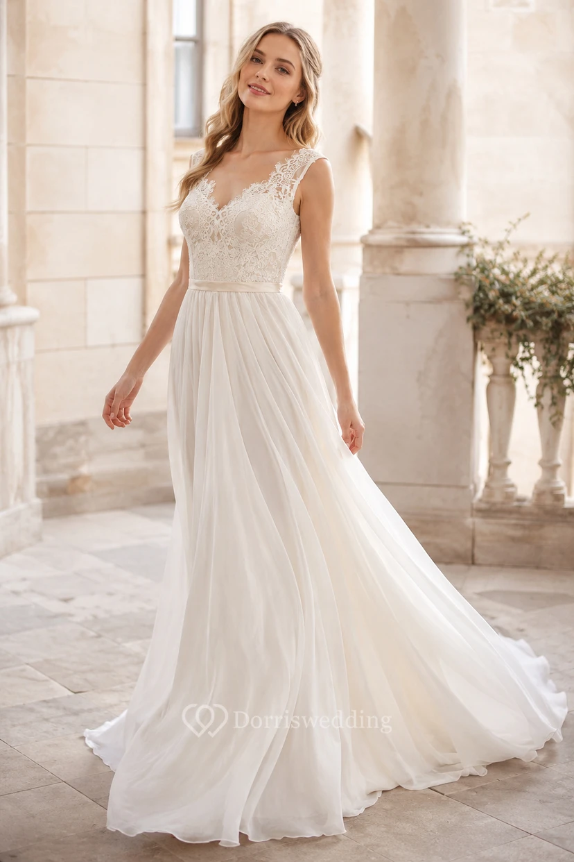 Robe de mariée en mousseline sans manches à col en V avec corsage et traîne. view 5
