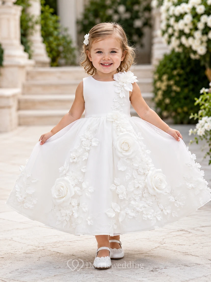 Luxury Baby Baptism Christening Ceremony Gown Ball Gown Tea-Length Jewel Neck Sleeveless Tulle Lace 3D Flower Floral Detail Floral Applique Button Back
