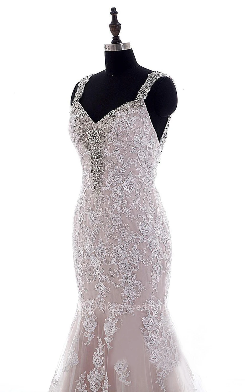 Mermaid Mini Straps V-Neck Bell Cap Beading Appliques Court Train Backless Straps Lace Dress view 3