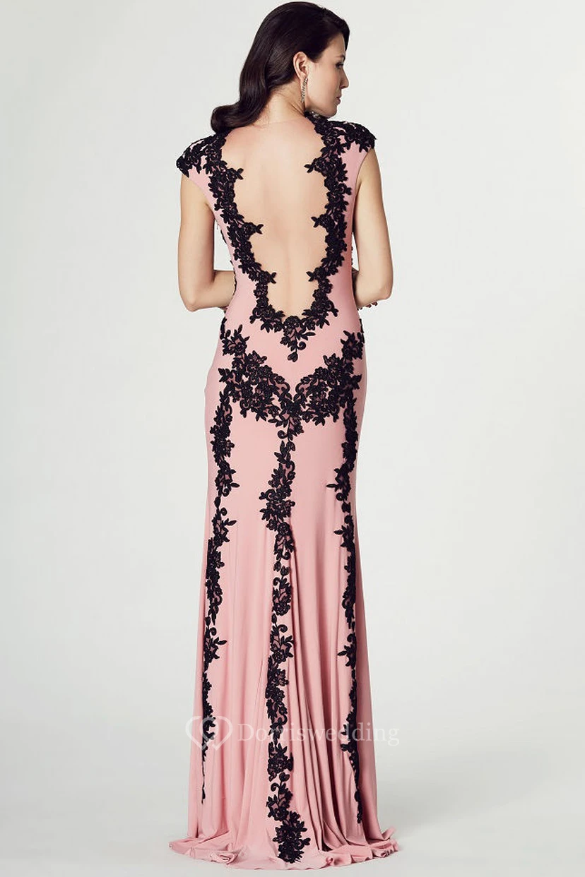 Sheath Appliqued Cap Sleeve High Neck Chiffon Prom Dress view 2