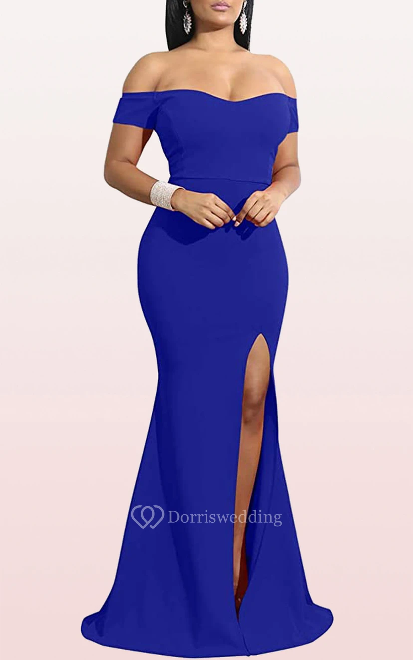 Modern Off-the-shoulder Jersey Mermaid Sleeveless Guest Formal Dress With Split Front view 8