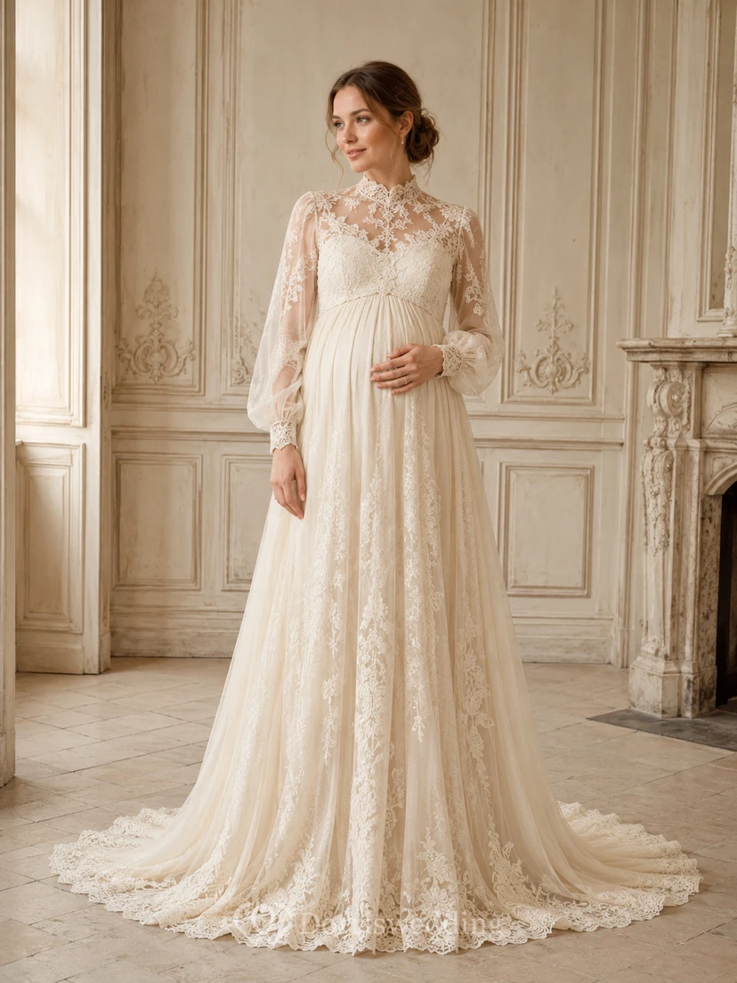 Vestido de novia modesto de encaje, corte A, manga larga y cola capilla.