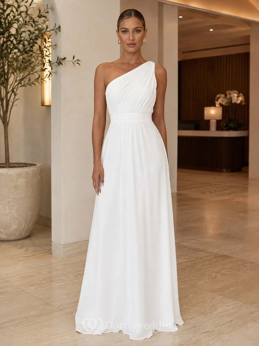 Elegant White One-Shoulder Sleeveless Chiffon A-Line Floor-length Dress