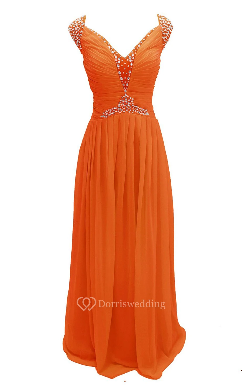 Cap-sleeve V-neck Chiffon A-line Gown With Crystal Detail view 8