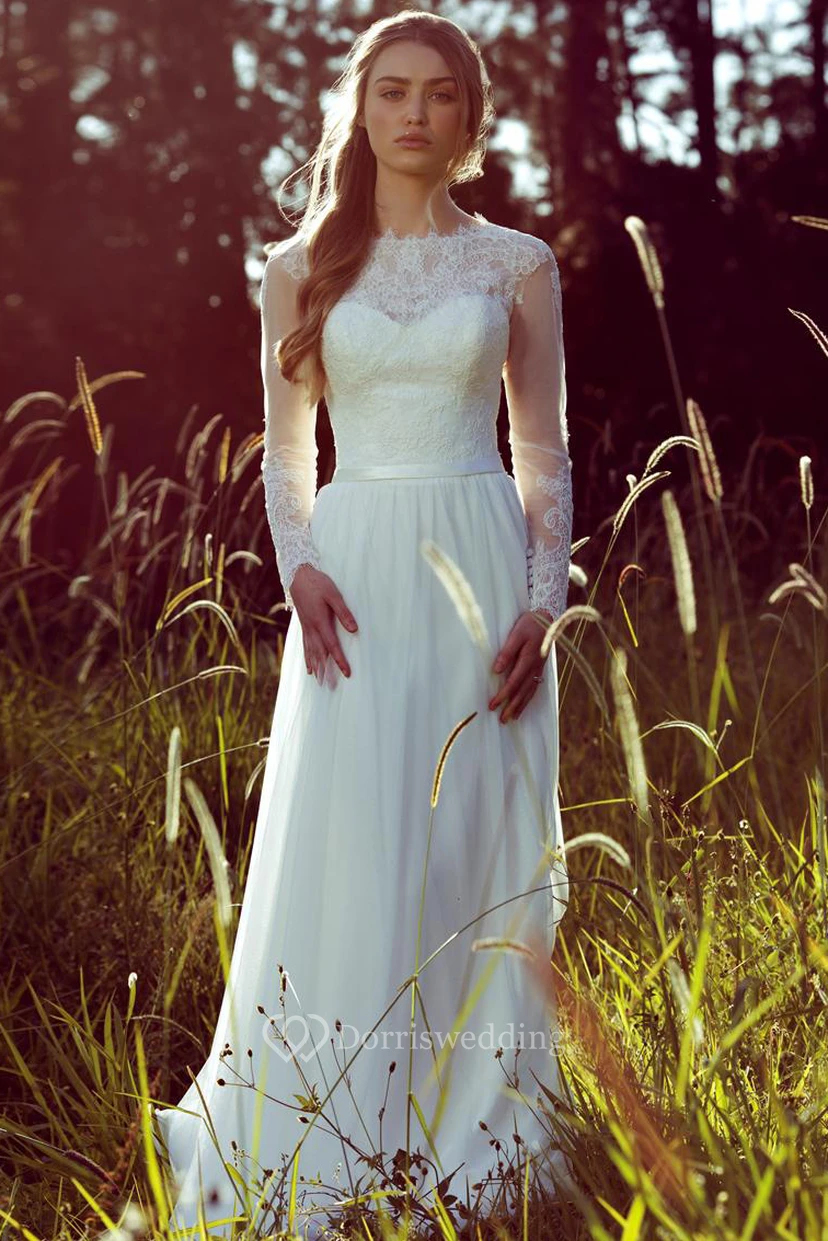 Etuikleid aus Chiffon mit langen Ärmeln, Rundhalsausschnitt und Illusionseffekt