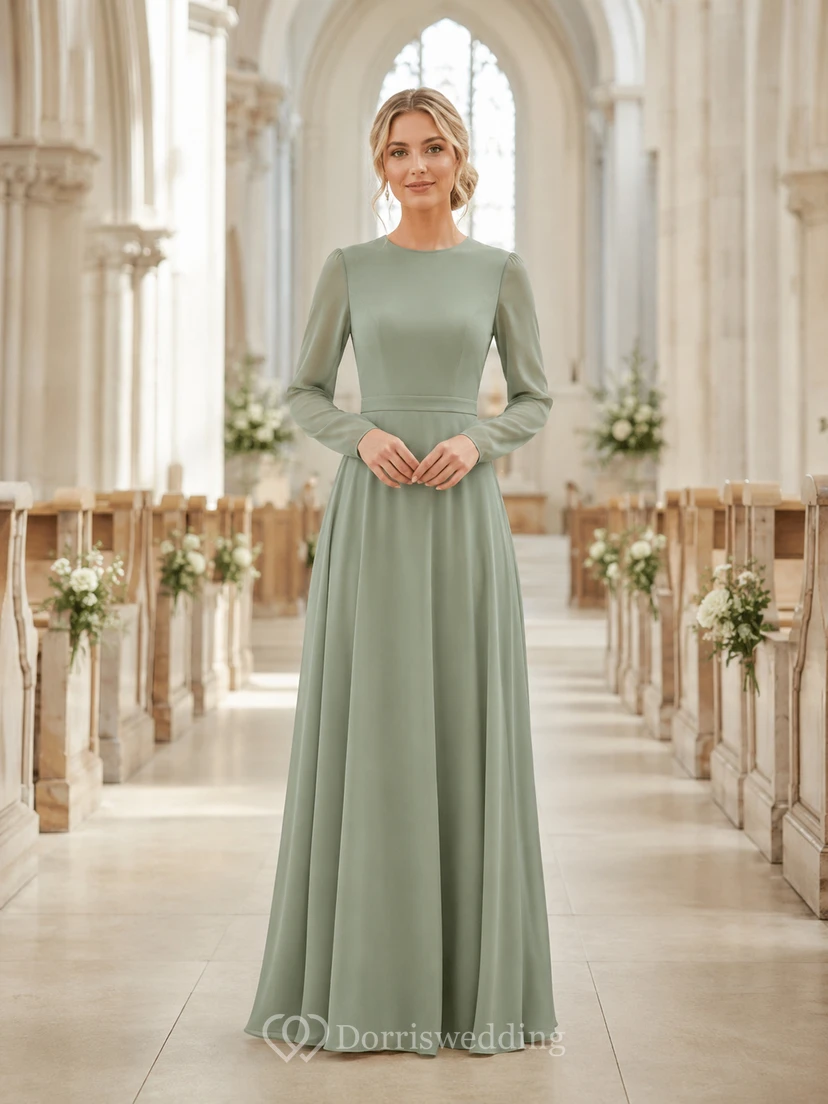 Robe de demoiselle d'honneur vert sauge, sobre, à manches longues en mousseline, arrivant au sol