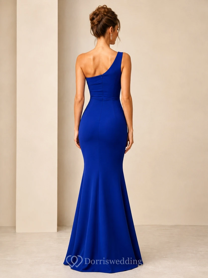 Royal Blue One Shoulder Sleeveless Satin Mermaid Evening Dress view 2