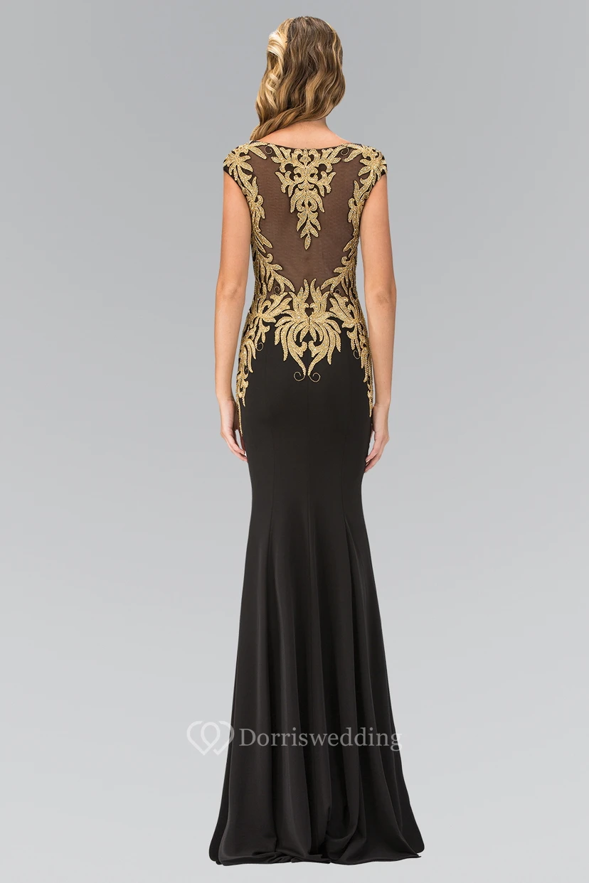 Sheath Maxi Bateau Cap-Sleeve Jersey Illusion Dress With Beading And Pleats view 2