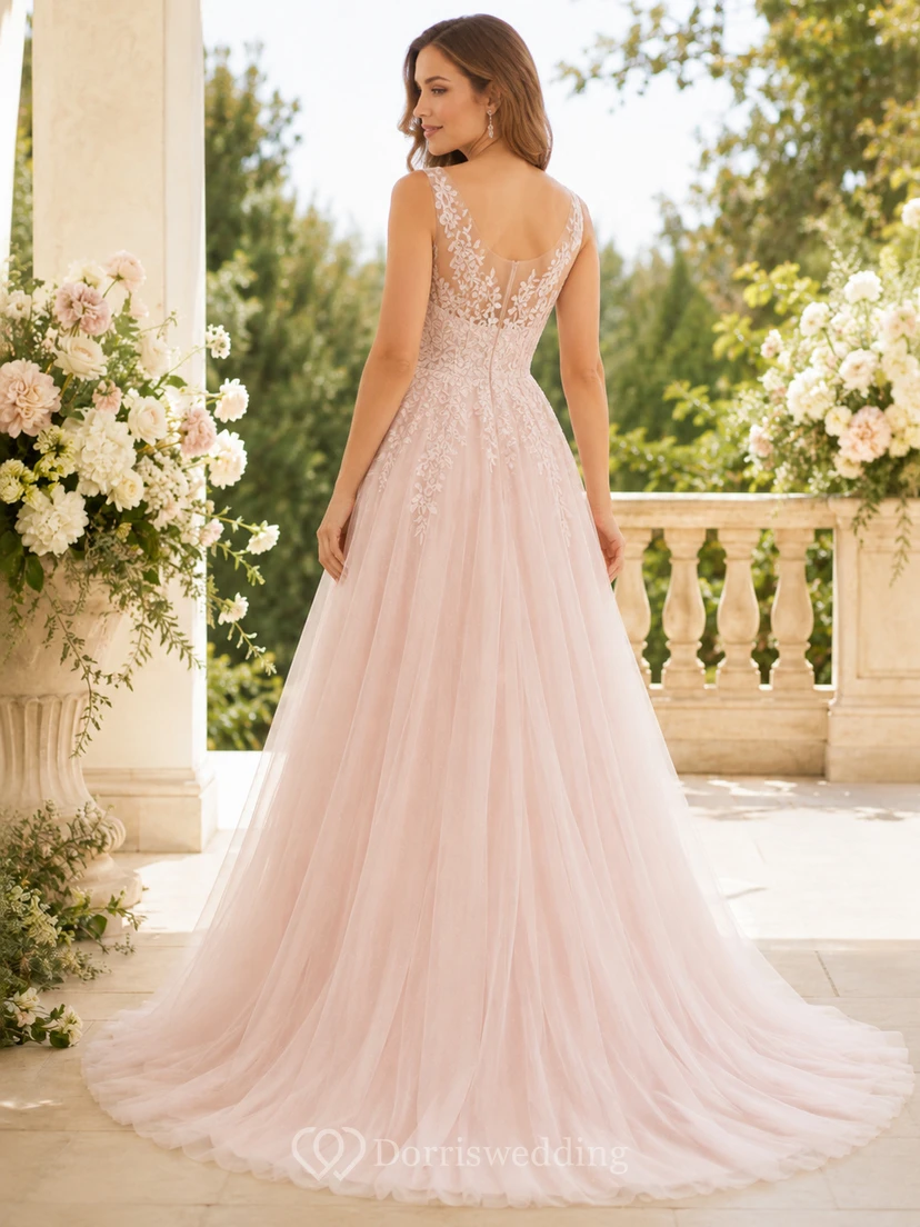 Blush V Neck Lace Bodice Tulle A Line Dress view 2