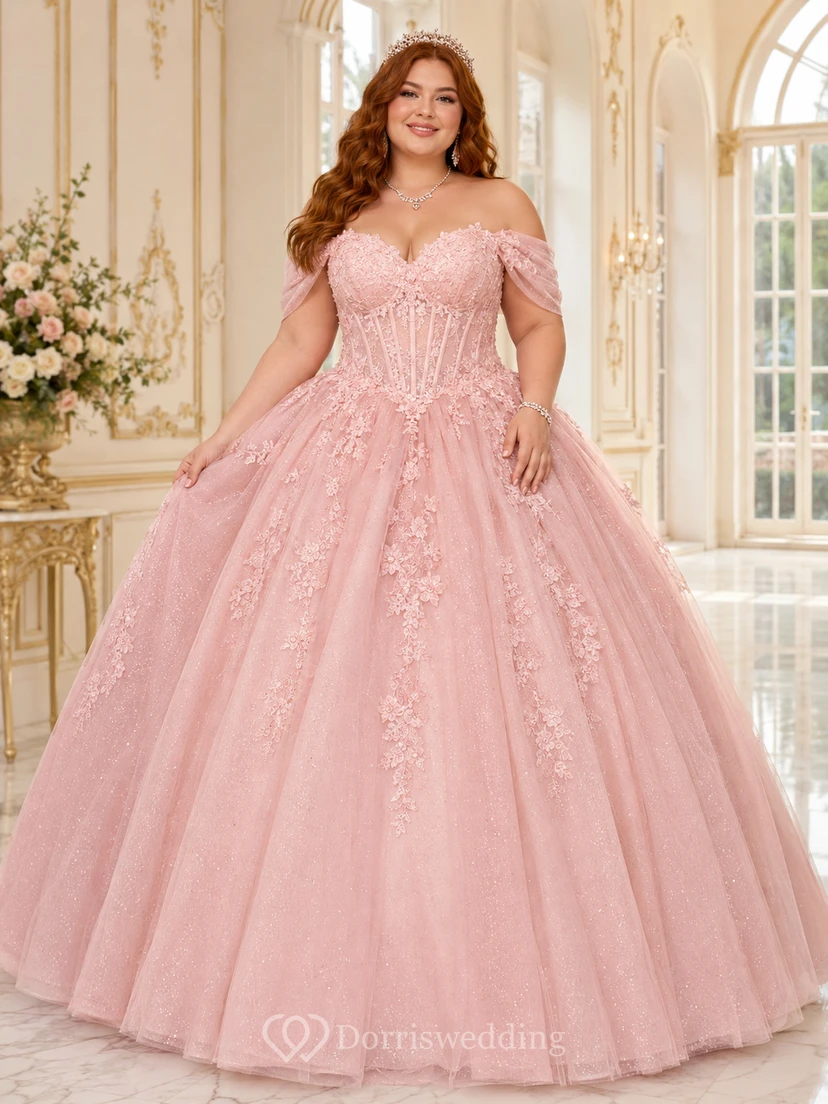 Robe de bal de princesse Blush grande taille à épaules dénudées, corset en dentelle, soutien-gorge intégré, robe de soirée de princesse pour quinceañera.