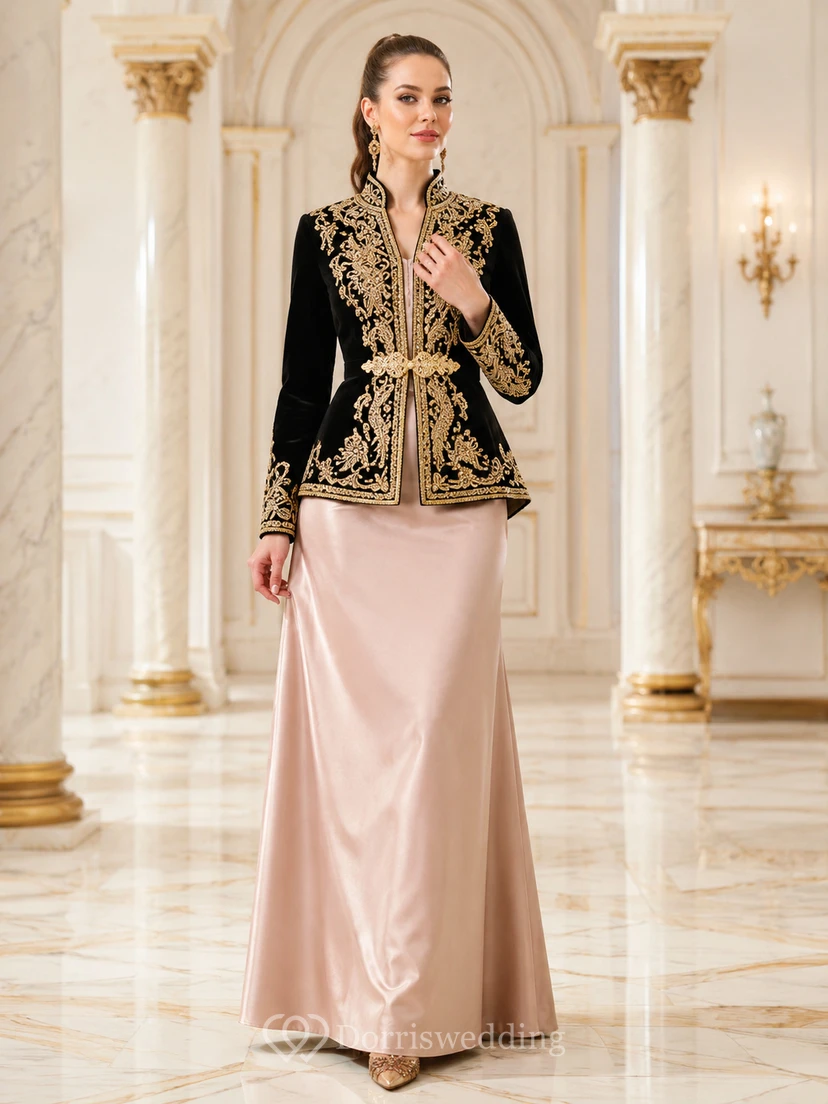 Schwarzes zweiteiliges Karakou-Kleid-Set, bodenlang, hochgeschlossen, goldbestickt