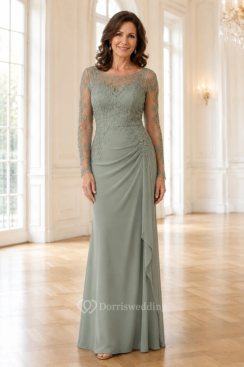 MOB Dress Sage Chiffon Lace Sheath Long Sleeve Bateau Neck Floor Length Ruched