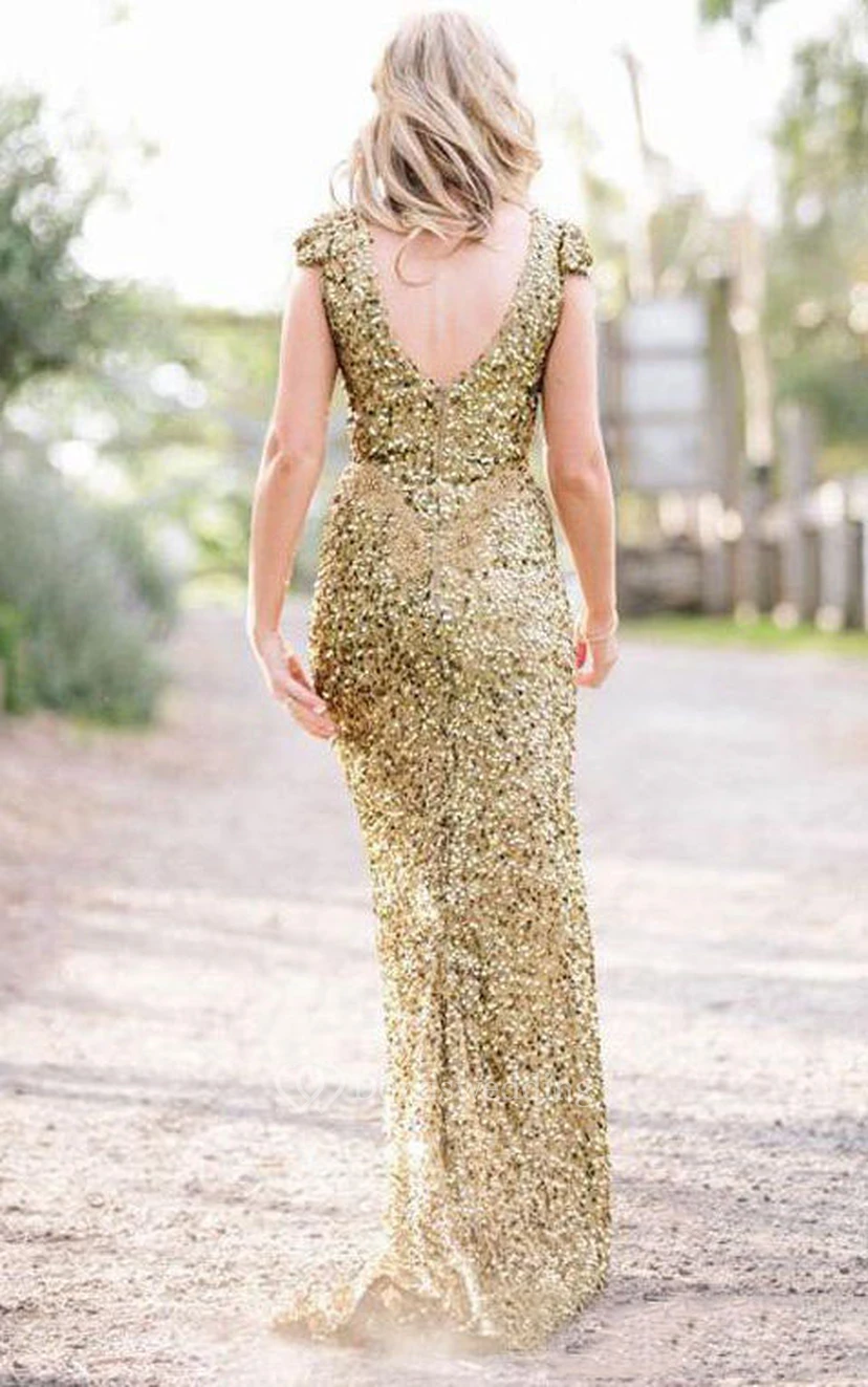 Sheath Floor-length Dress with Allover Sequins and V-neck view 2