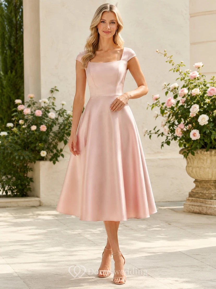 Vestido de cóctel rosa palo con escote Bardot y largo midi