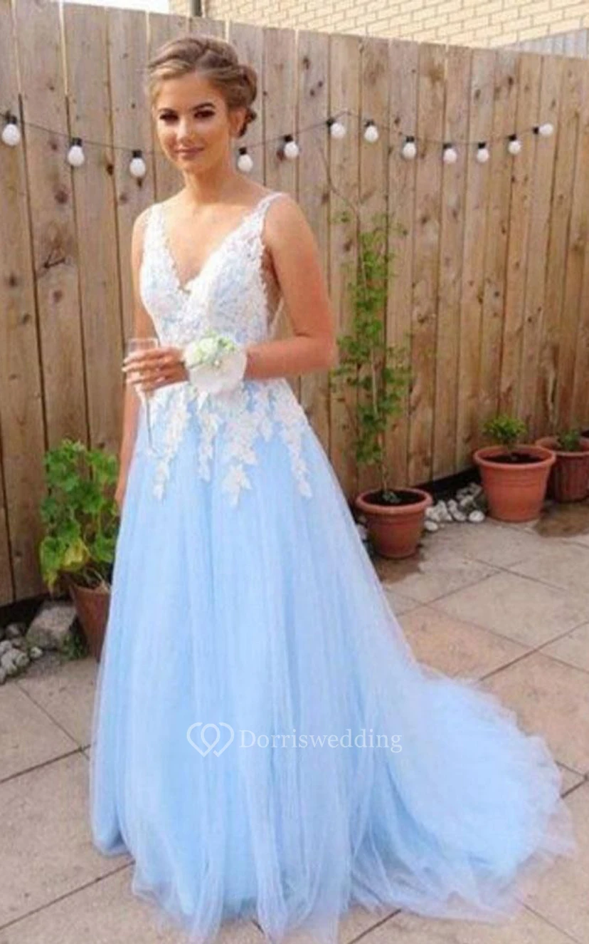 Tulle Floor-length Brush Train A Line Sleeveless Adorable Formal Dress with Appliques