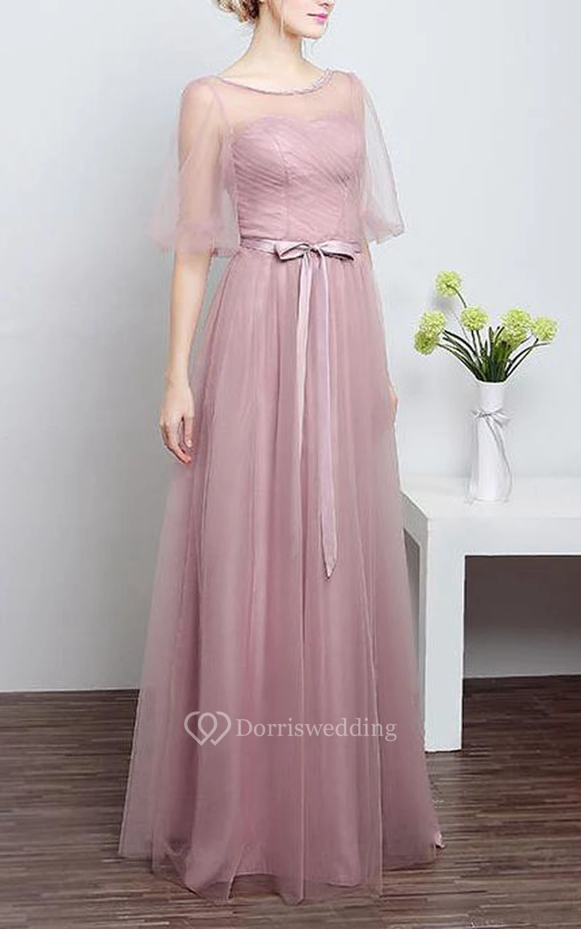 A-line Bow Flower Sash Tulle Illusion Dress view 3