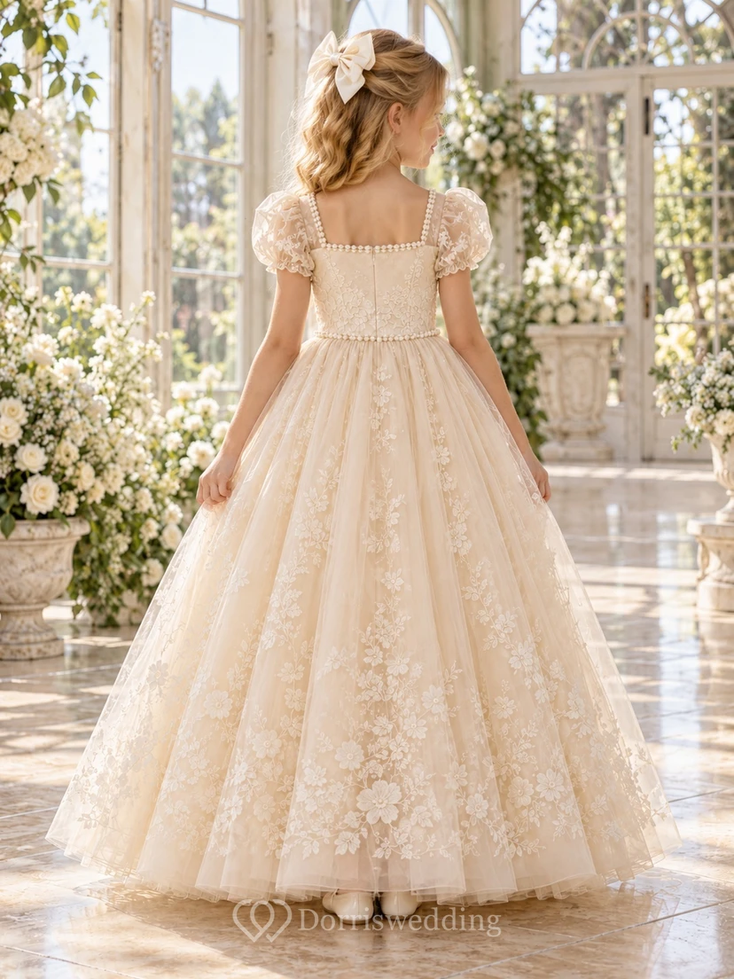 Square Neck Champagne Pearl Puff Lace Ball Flower Girl Dress view 2