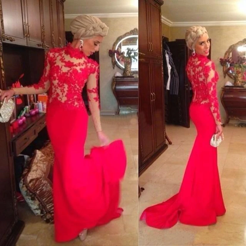 Red High Neck Mermaid Evening Dresses Long Sleeves Appliques Prom Dresses view 2