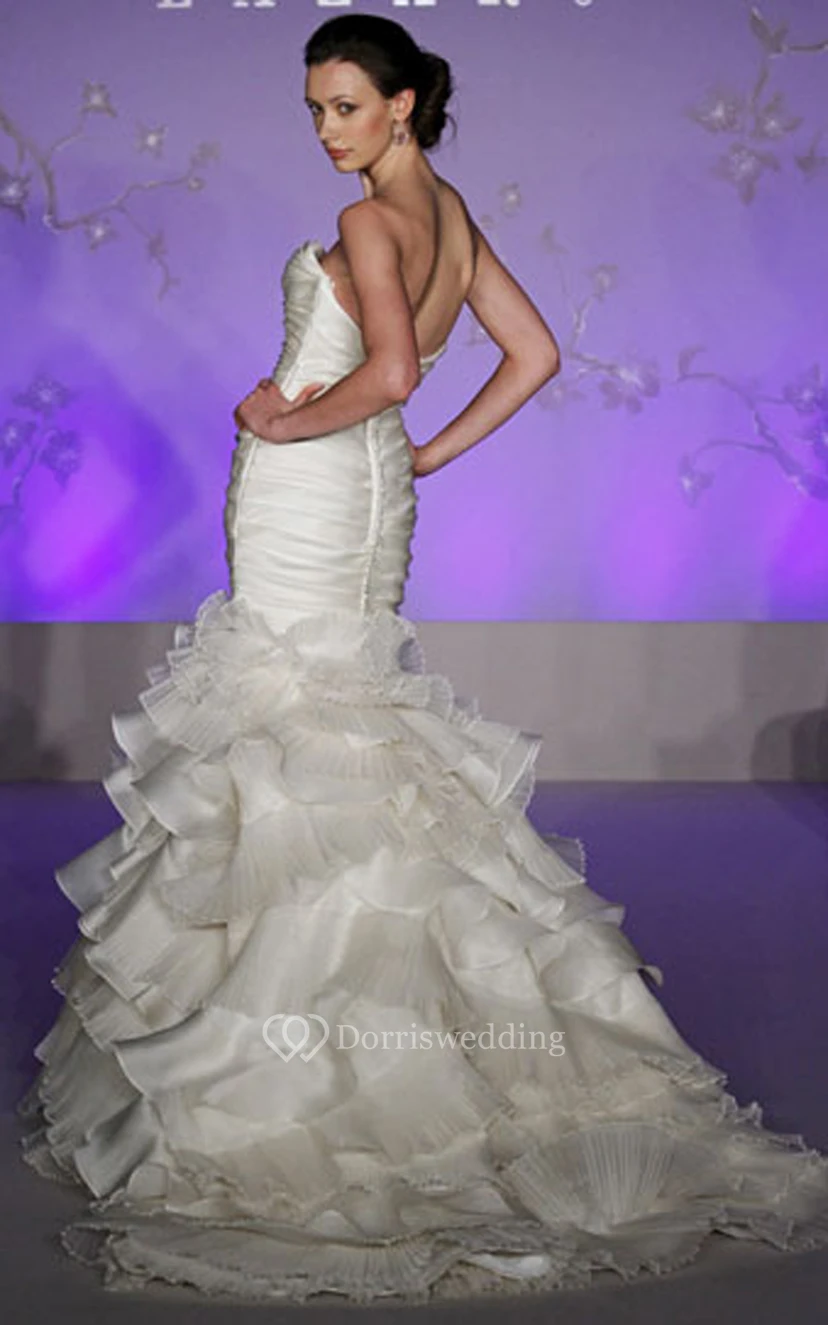 Elegant Pleated Bodice Ruffled Satin Organza Dress With Tiers view 3