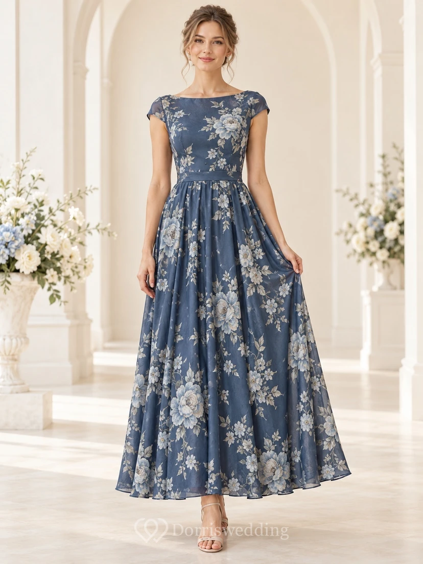 Vintage-Brautjungfernkleid in Marineblau mit Blumenmuster, U-Boot-Ausschnitt und kurzen Ärmeln