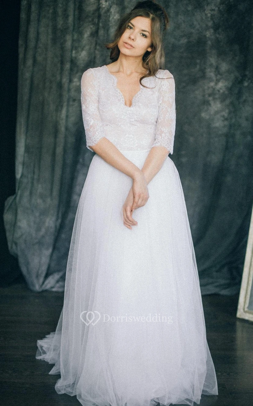 V-Neck Tulle Lace Satin Weddig Long Sleeve Bridesmaid Dress