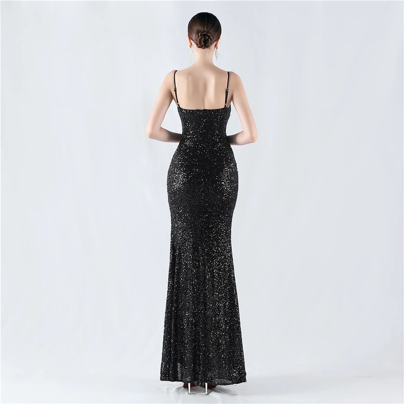 Robe de soirée sexy à sequins et fente haute, avec bretelles et encoche cryptée view 6