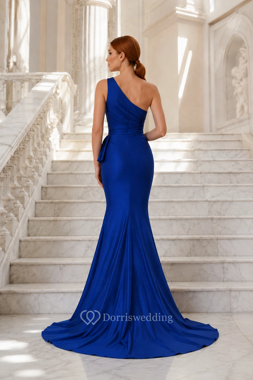 Königsblaues, einseitig schulterfreies Meerjungfrauen-Abendkleid mit Schlitz view 2