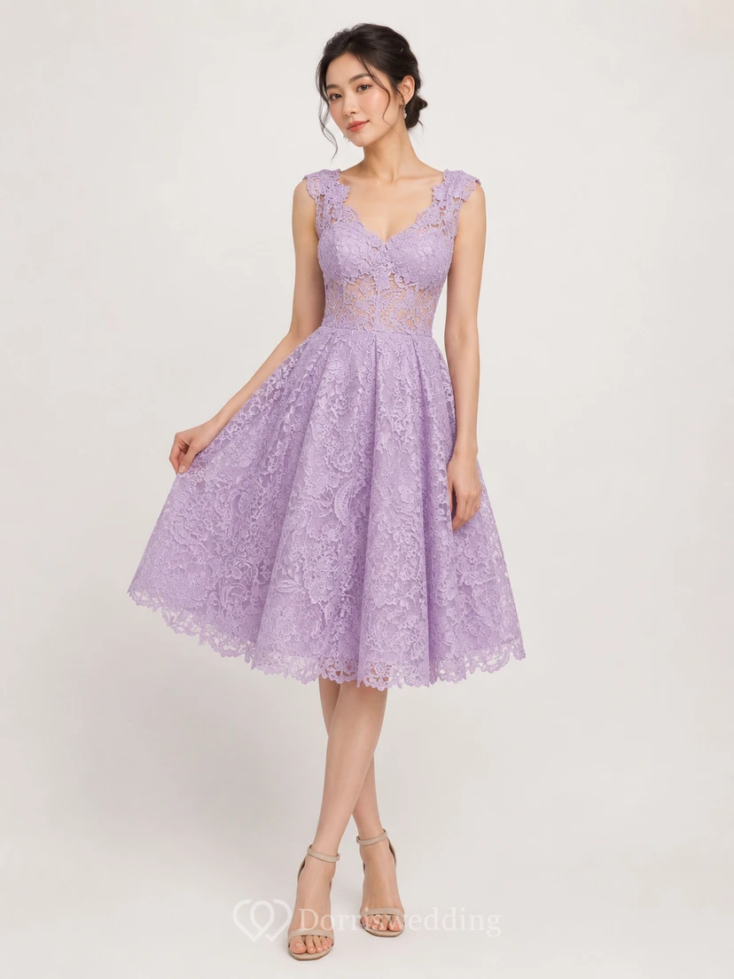 Cap Sleeve Scoop Neck A-line Knee Length Lace Dress view 6