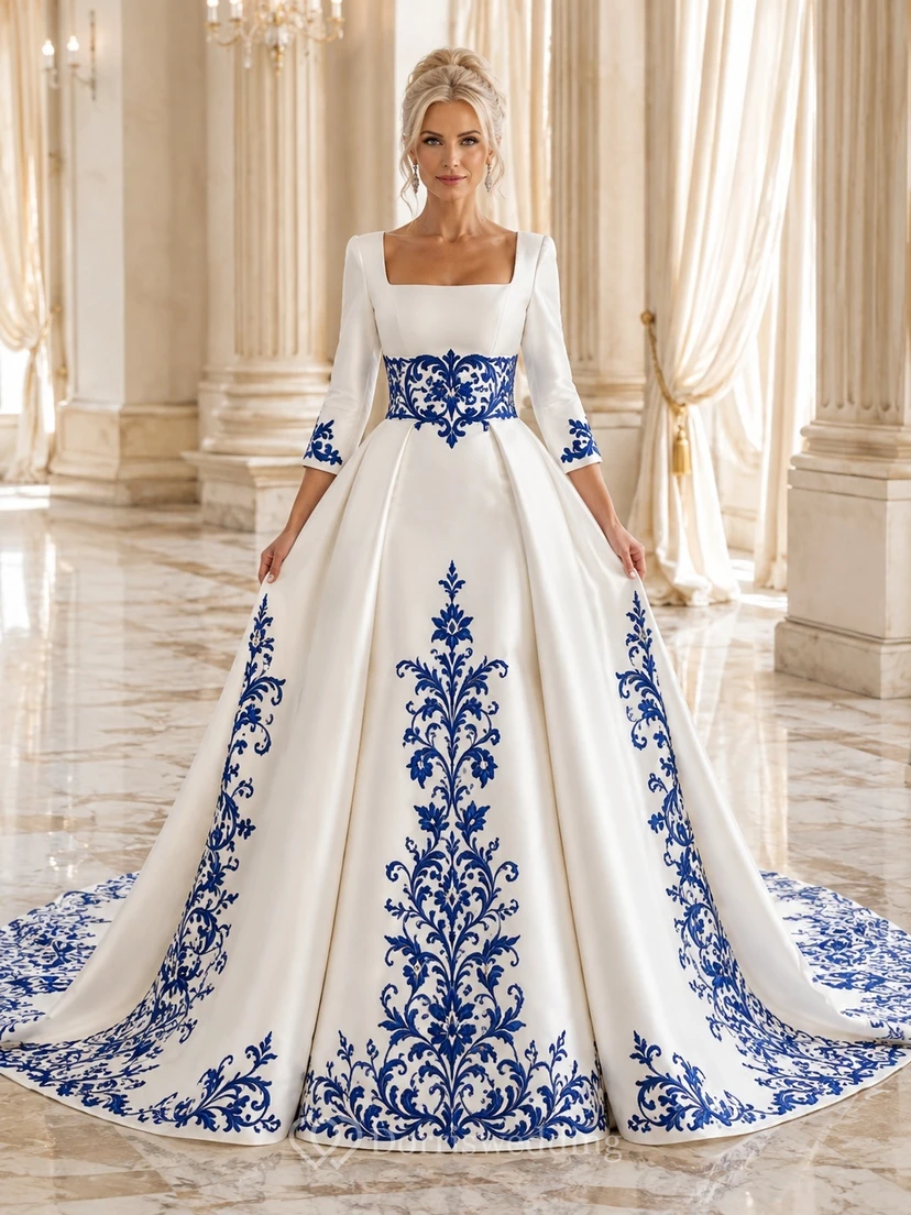 Königsblaues, schlichtes Ballkleid mit eckigem Ausschnitt und langen Ärmeln aus Satin
